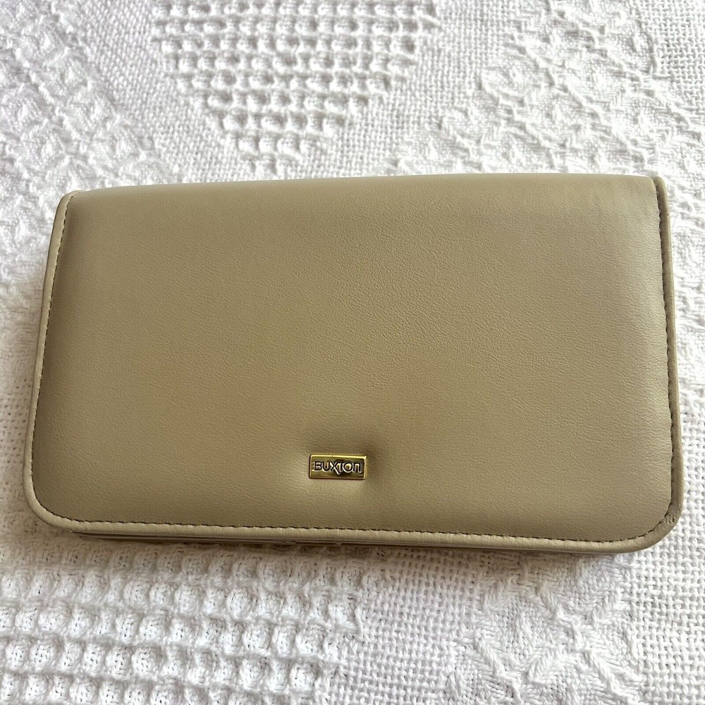 Buxton Women’s Wallet Leather Beige Wristlet Clutch Organizer Mirror